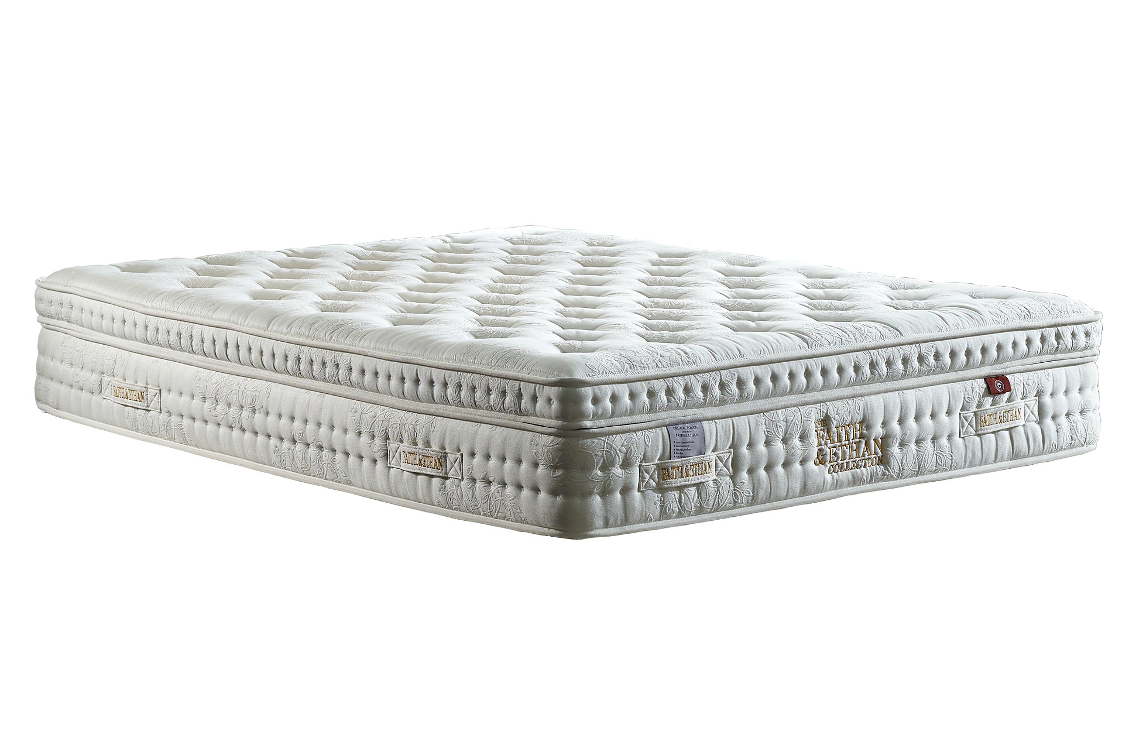 A white, pocket sprung mattress with a euro box top and visible natural fillings, designed for comfort and support.
