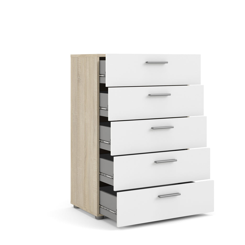 Pepe 5 Drawer Chest  - Oak with White High Gloss