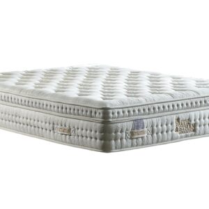 A white, pocket sprung mattress with a euro box top and visible natural fillings, designed for comfort and support.