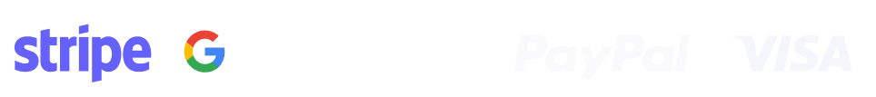 Payment methods including Stripe, Google Pay, Apple Pay, PayPal and Visa